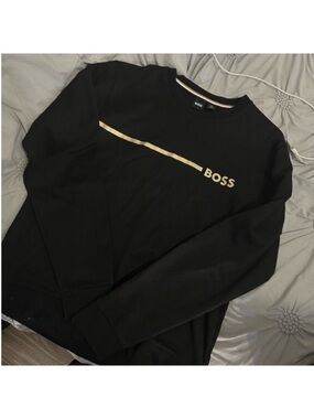 Boss Black Crewneck Sweatshirt with Gold Logo Stripe